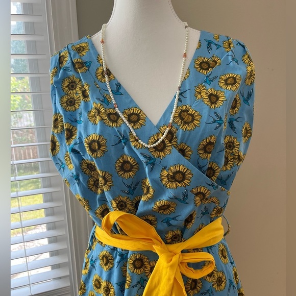 [US10]Lindy Bop Stephanie Sunflower Bird Blue Mid Dress Waist Belt V Done - Picture 2 of 13